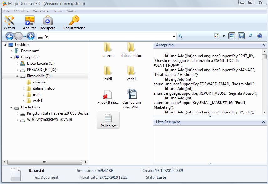 ripristino file testo