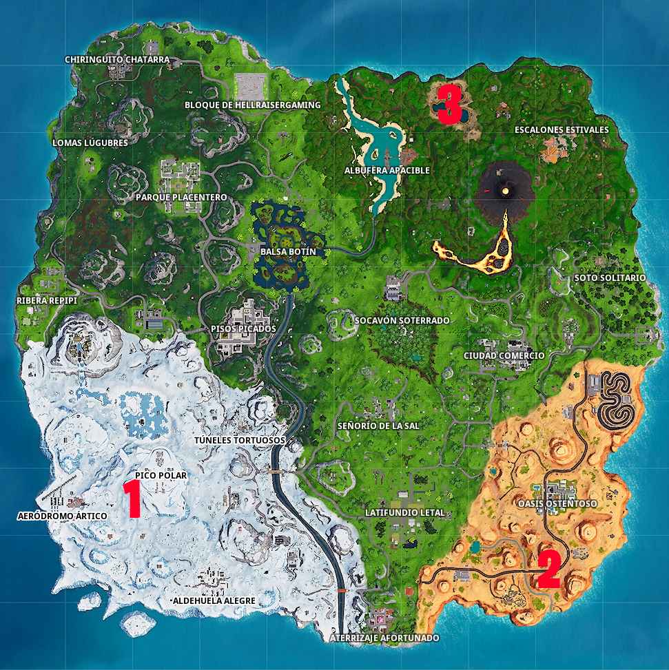  Map-dances-week-9-fortnite "width =" 971 "height =" 973 "/> </p>
<p> Per non lasciare dubbi, ti mostriamo in tre immagini come appare ogni posizione. </p>
<p> <strong> Danza tra tre sculture di ghiaccio. </strong> </p>
<p> <img decoding=