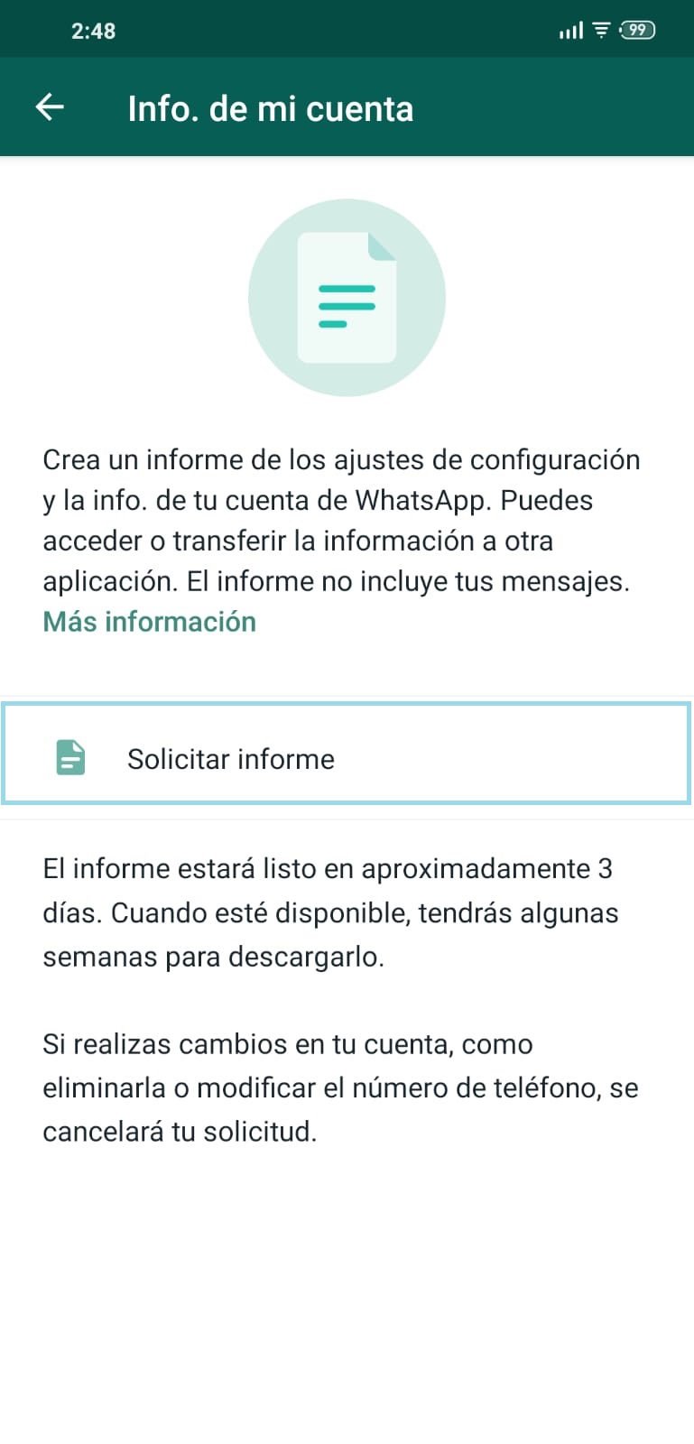  Come scoprire ciò che WhatsApp sa di te "larghezza =" 430 "altezza =" 894 "/> </p>
<p> Al termine, fai clic su "<strong> Scarica rapporto </strong>" e verrà salvato sul tuo cellulare. Tuttavia, la nostra raccomandazione è di fare clic su "<strong> Esporta report </strong>" (una volta scaricato) per inviarlo alla tua email. </p>
<p> Il famoso rapporto che hai scaricato è costituito da un file ZIP che contiene due file: <strong> uno in formato JSON e un altro in HTML </strong>. Puoi aprirli entrambi, ma dovresti usare HTML. Fare doppio clic e si aprirà con il browser predefinito. </p>
<p> Le informazioni <strong> </strong> che appaiono provengono dal numero di telefono <strong> </strong> che WhatsApp ha sulla connessione IP <strong>immagine del profilo utilizzata, </strong> in quanti <strong> gruppi </strong> siamo, quale telefono cellulare stiamo usando, ecc. Come dici tu, sono <strong> dati personali </strong> che rimangono solo per te. </p>
<p><!-- Start shortcoder --> </p>
<p class=
