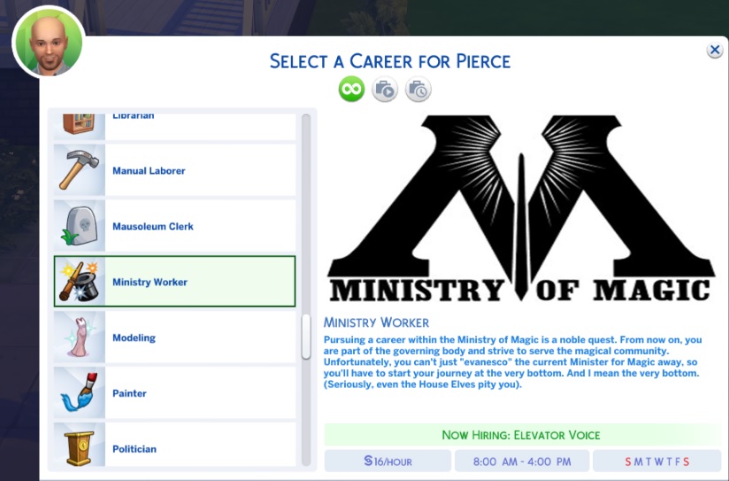 Carrera de Empleado del Ministerio de Magia para Los Sims 4 "