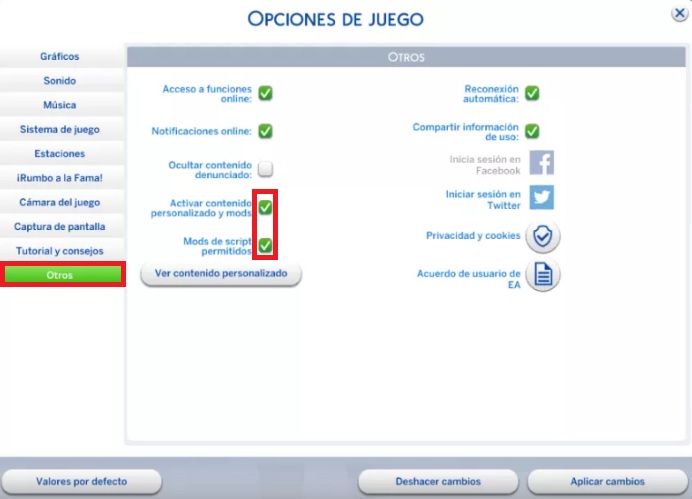 Opciones de juego de Los Sims 4 "