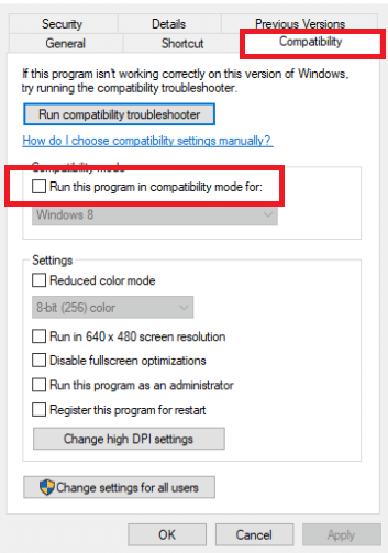 Seleziona la casella accanto a Esegui questo programma in modalità compatibilità