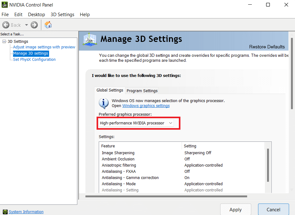 Passa al processore Nvidia ad alte prestazioni. Come andare a schermo intero su Windows 10