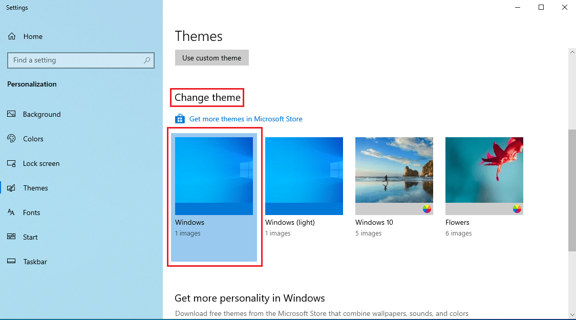 Dall'opzione Cambia tema selezionare un tema di base di Windows